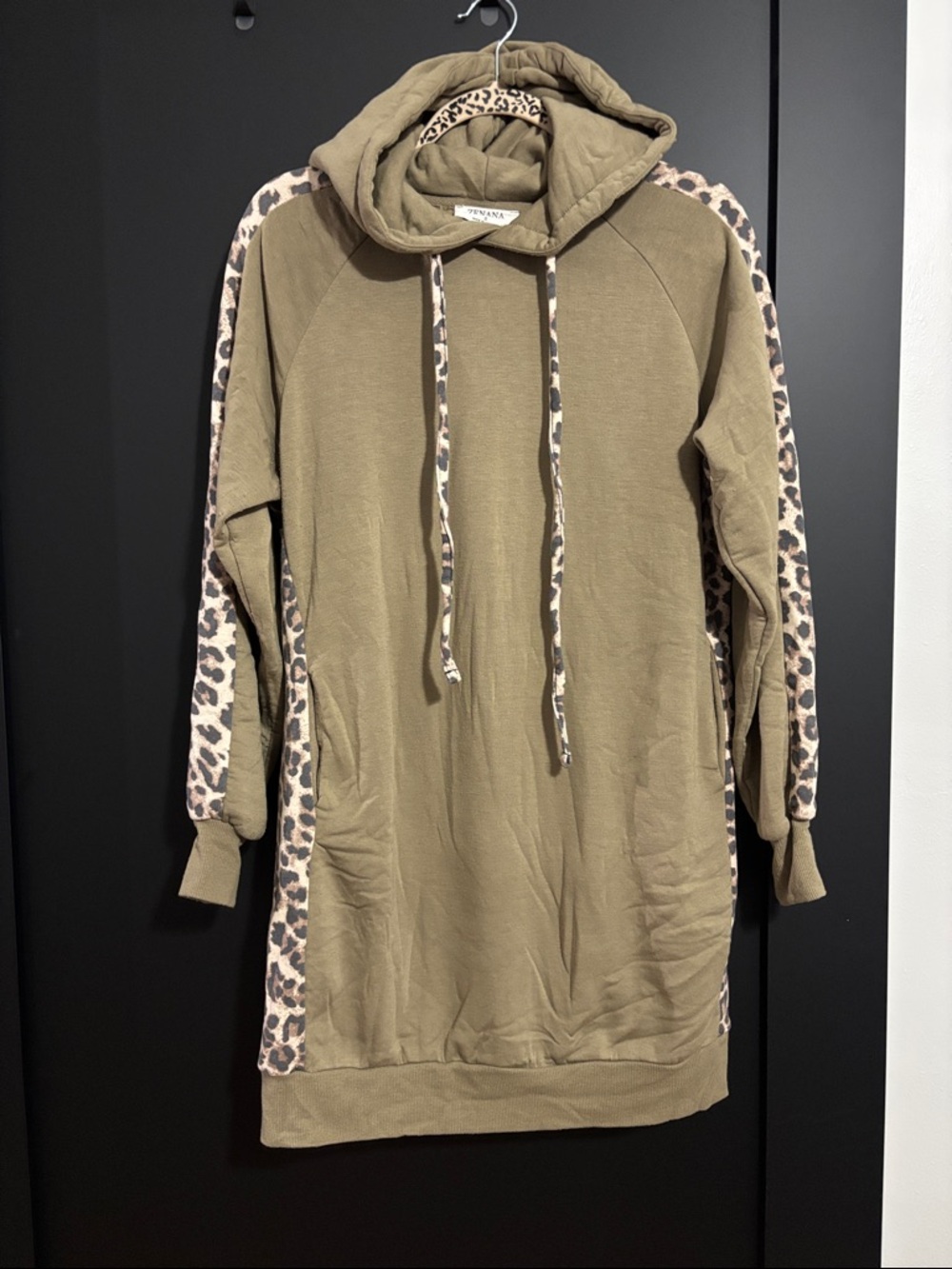 Zenana Outfitters Olive Hoodie with Leopard Trim